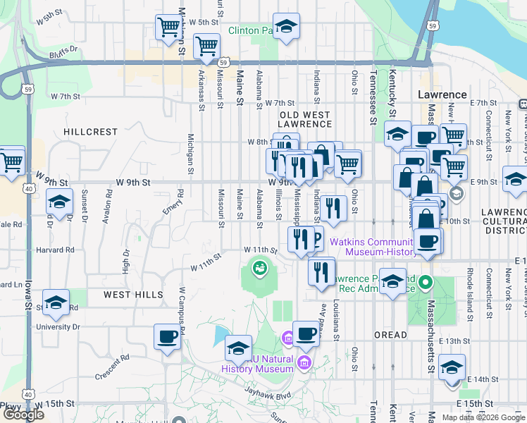 map of restaurants, bars, coffee shops, grocery stores, and more near 1001 Illinois Street in Lawrence
