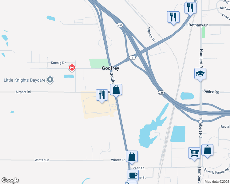 map of restaurants, bars, coffee shops, grocery stores, and more near Godfrey Road in Godfrey