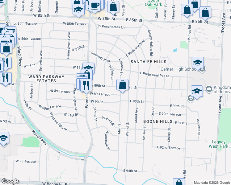 map of restaurants, bars, coffee shops, grocery stores, and more near 9 West 89 Terrace in Kansas City