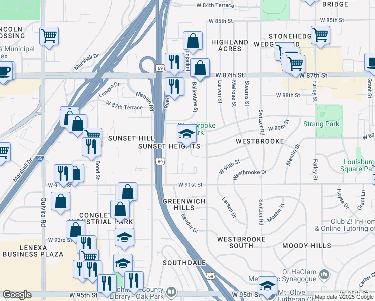 map of restaurants, bars, coffee shops, grocery stores, and more near 8910 Goddard in Overland Park
