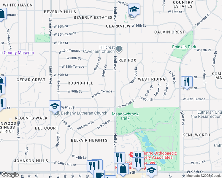 map of restaurants, bars, coffee shops, grocery stores, and more near 5515 West 90th Terrace in Overland Park