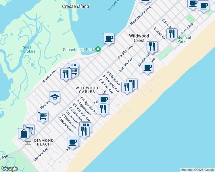 map of restaurants, bars, coffee shops, grocery stores, and more near 302 East Saint Paul Avenue in Wildwood
