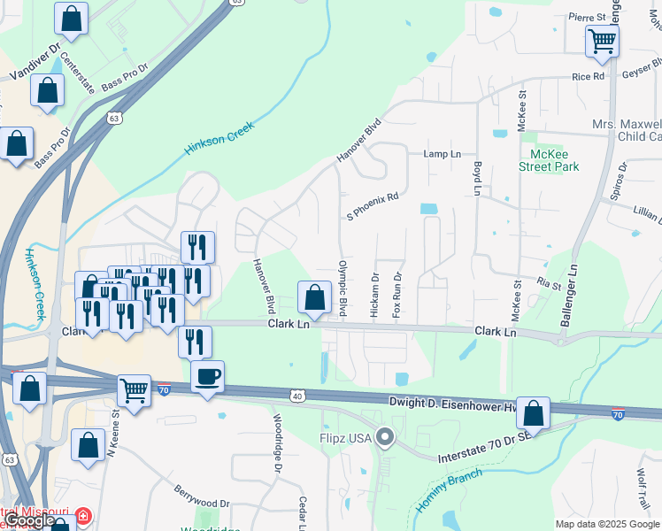 map of restaurants, bars, coffee shops, grocery stores, and more near 3913 Olympic Court in Columbia
