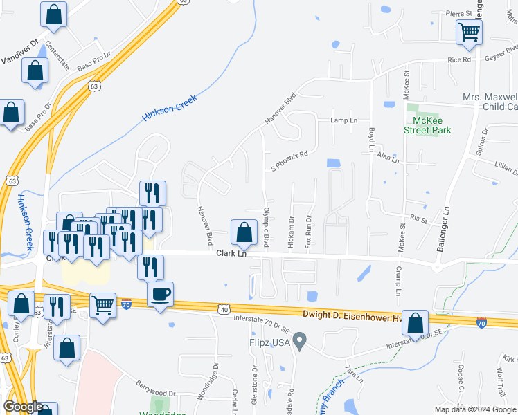 map of restaurants, bars, coffee shops, grocery stores, and more near 3919 Olympic Court in Columbia