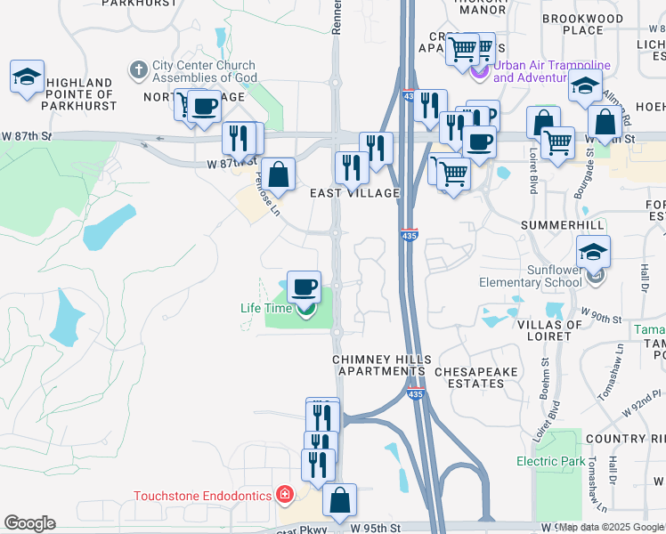 map of restaurants, bars, coffee shops, grocery stores, and more near 8900 Renner Boulevard in Lenexa