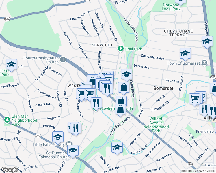 map of restaurants, bars, coffee shops, grocery stores, and more near 5245 River Road in Bethesda