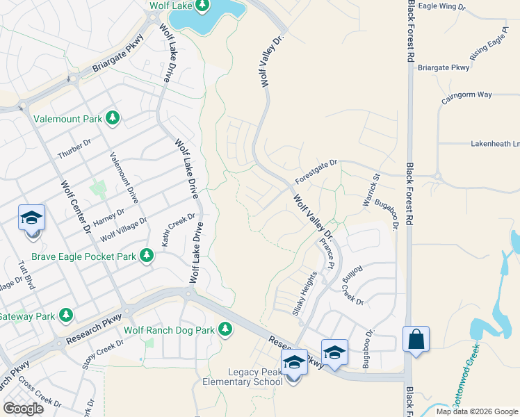 map of restaurants, bars, coffee shops, grocery stores, and more near Wolf Lake Dr in Colorado Springs