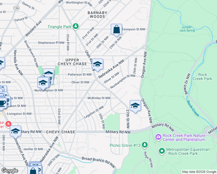 map of restaurants, bars, coffee shops, grocery stores, and more near 5701 Utah Avenue Northwest in Washington