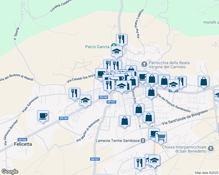 map of restaurants, bars, coffee shops, grocery stores, and more near 1 Viale Salvemini in Lamezia Terme