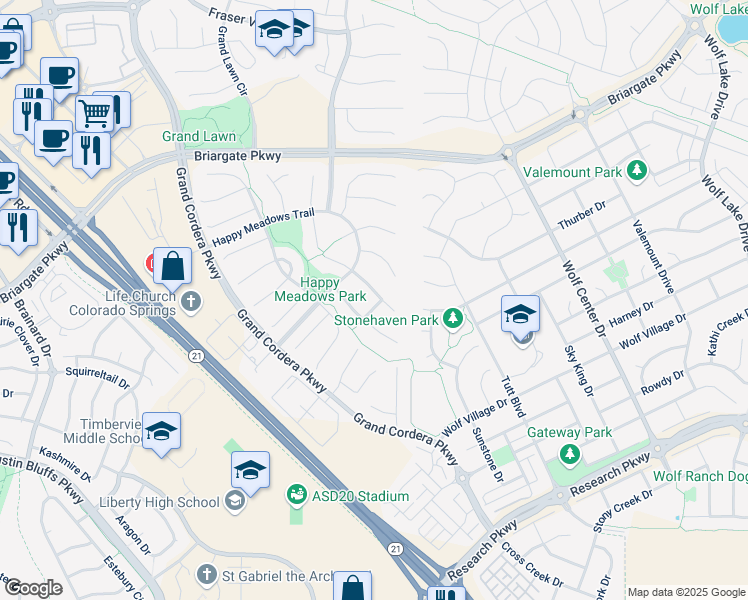map of restaurants, bars, coffee shops, grocery stores, and more near 9190 Rock Pond Way in Colorado Springs