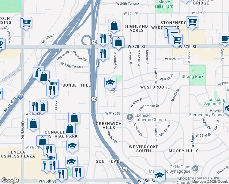 map of restaurants, bars, coffee shops, grocery stores, and more near 8910 Goddard in Overland Park