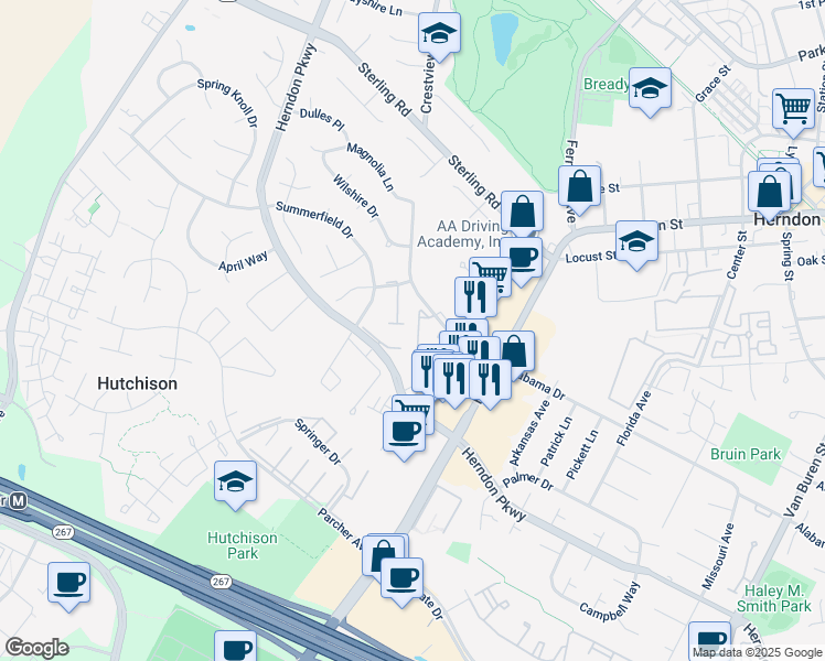 map of restaurants, bars, coffee shops, grocery stores, and more near 1126 Cypress Tree Place in Herndon
