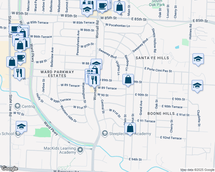 map of restaurants, bars, coffee shops, grocery stores, and more near 116 West 90 Street in Kansas City