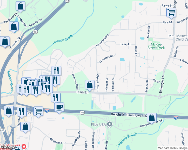 map of restaurants, bars, coffee shops, grocery stores, and more near 1305a Olympic Boulevard in Columbia