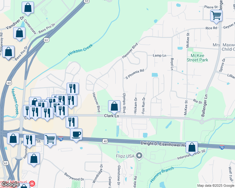 map of restaurants, bars, coffee shops, grocery stores, and more near 1305a Olympic Boulevard in Columbia