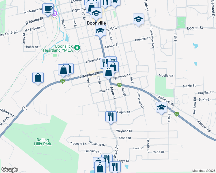 map of restaurants, bars, coffee shops, grocery stores, and more near 404 Pine Street in Boonville