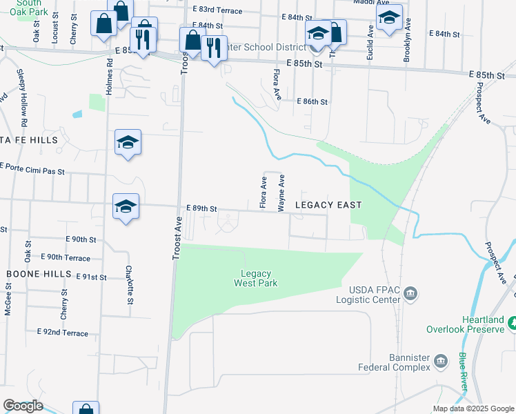 map of restaurants, bars, coffee shops, grocery stores, and more near 1407 East 89th Street in Kansas City