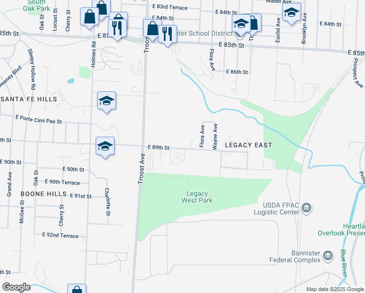 map of restaurants, bars, coffee shops, grocery stores, and more near 1325 East 89th Street in Kansas City