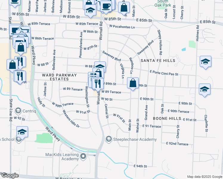 map of restaurants, bars, coffee shops, grocery stores, and more near 116 West 90 Street in Kansas City
