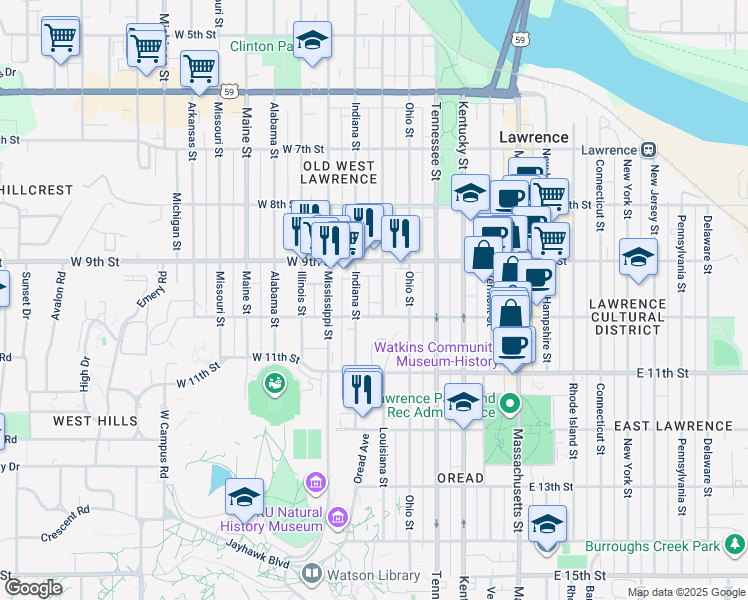 map of restaurants, bars, coffee shops, grocery stores, and more near 946 Indiana Street in Lawrence