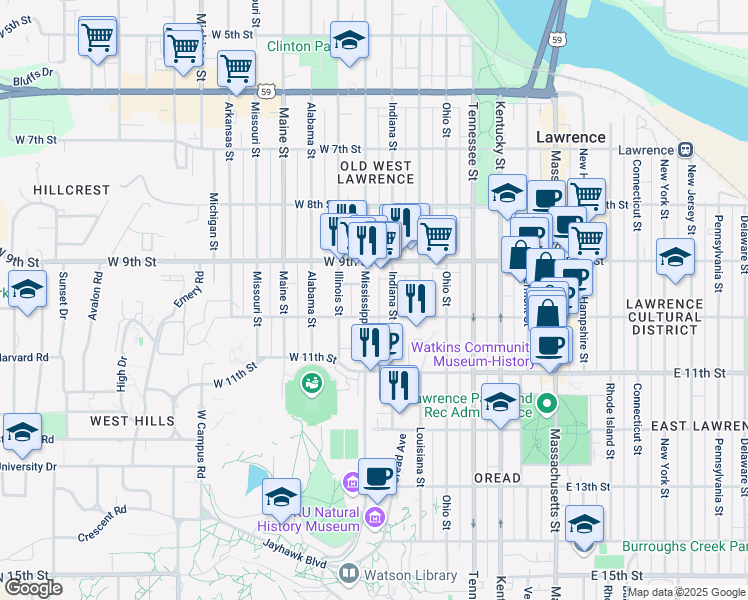 map of restaurants, bars, coffee shops, grocery stores, and more near 1000 Mississippi Street in Lawrence
