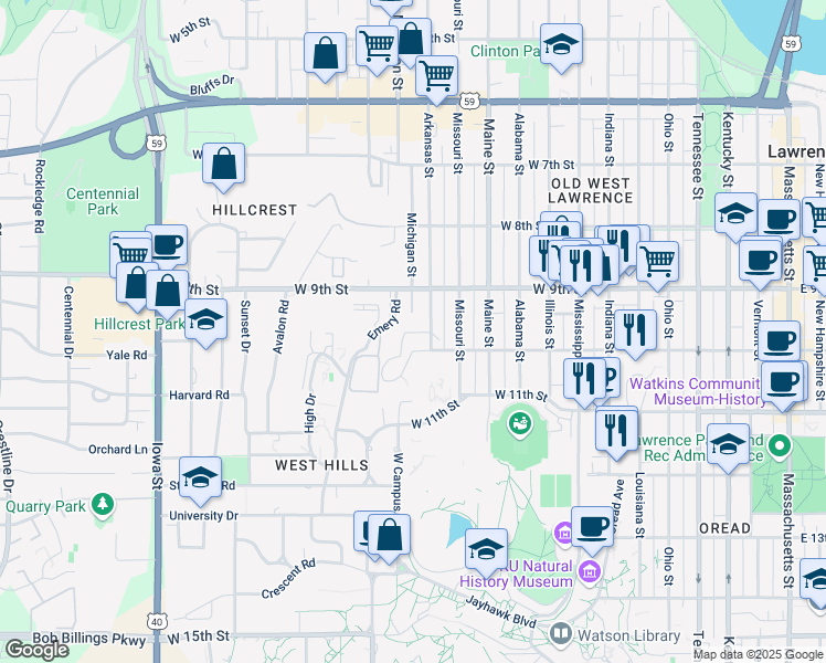 map of restaurants, bars, coffee shops, grocery stores, and more near 951 Arkansas Street in Lawrence