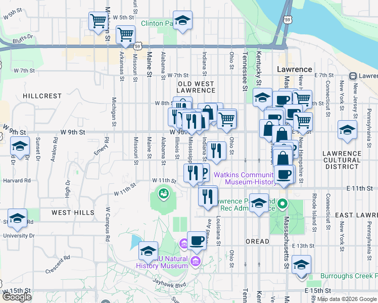 map of restaurants, bars, coffee shops, grocery stores, and more near 933 Mississippi Street in Lawrence