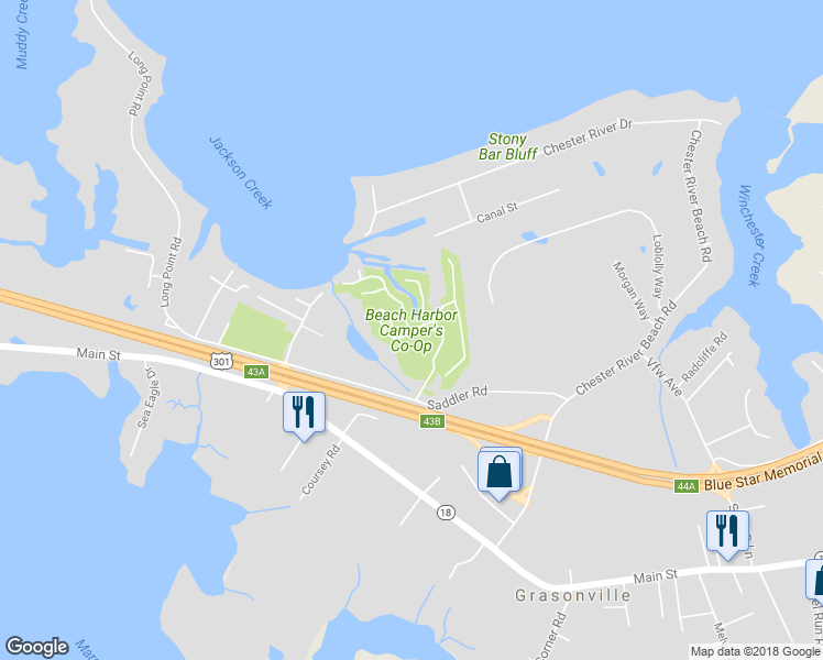 map of restaurants, bars, coffee shops, grocery stores, and more near Beach Harbor Road in Grasonville