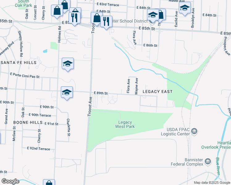 map of restaurants, bars, coffee shops, grocery stores, and more near 1325 East 89th Street in Kansas City