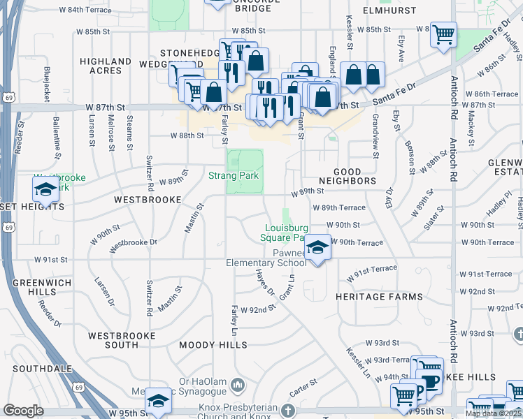 map of restaurants, bars, coffee shops, grocery stores, and more near 9700 West 89th Terrace in Overland Park