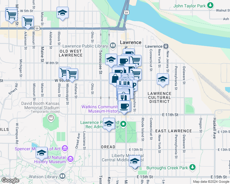 map of restaurants, bars, coffee shops, grocery stores, and more near 925 Vermont Street in Lawrence