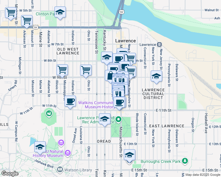 map of restaurants, bars, coffee shops, grocery stores, and more near 925 Vermont Street in Lawrence