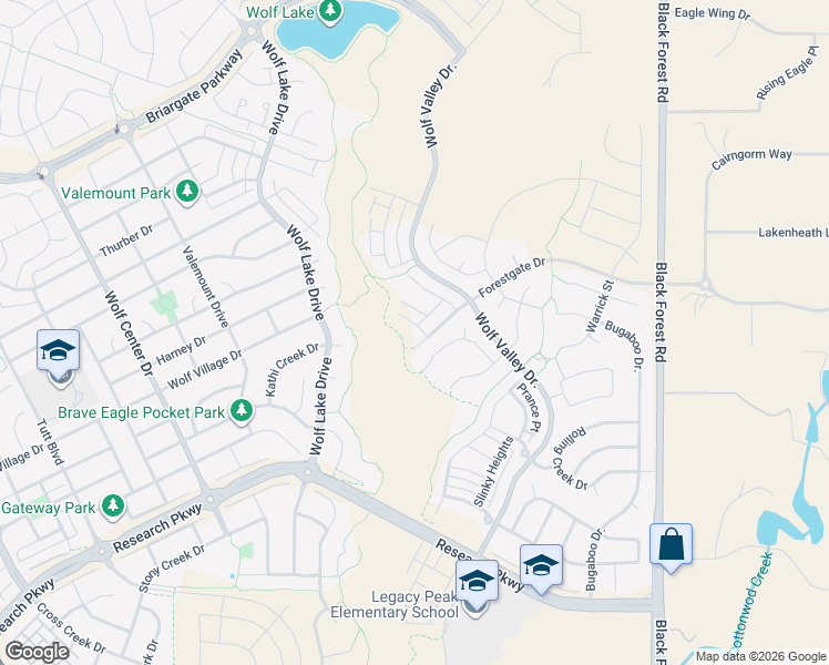 map of restaurants, bars, coffee shops, grocery stores, and more near Wolf Lake Dr in Colorado Springs