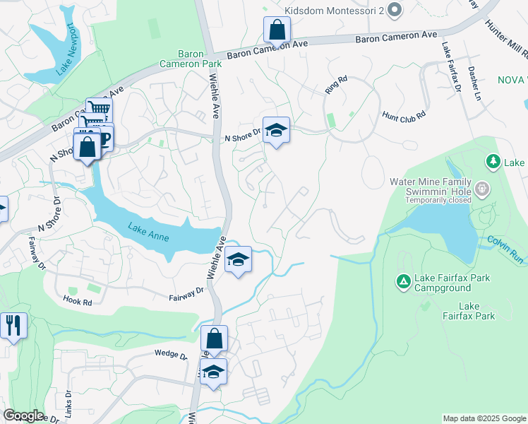 map of restaurants, bars, coffee shops, grocery stores, and more near 1554 Goldenrain Court in Reston