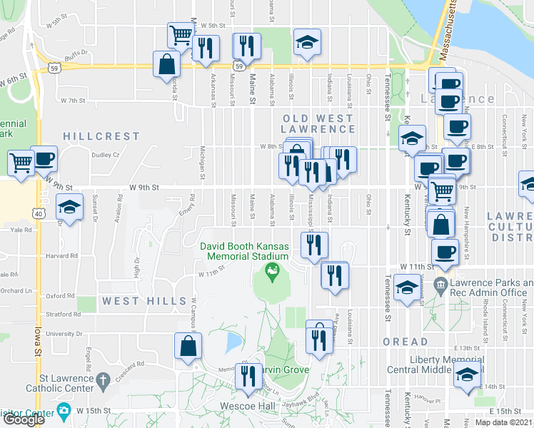 map of restaurants, bars, coffee shops, grocery stores, and more near 933 Alabama Street in Lawrence
