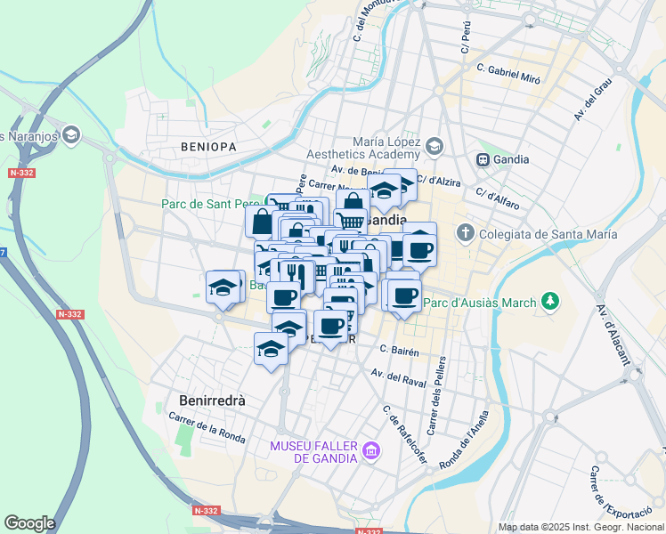 map of restaurants, bars, coffee shops, grocery stores, and more near 3 Carrer Abat Solà in Gandia