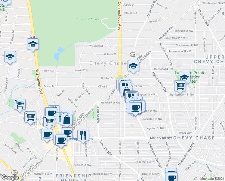 map of restaurants, bars, coffee shops, grocery stores, and more near 5671 Western Avenue in Washington