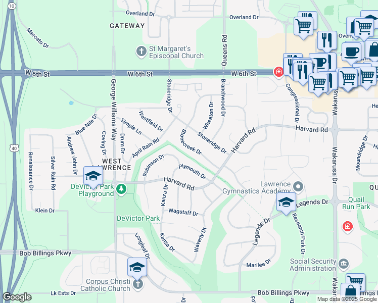 map of restaurants, bars, coffee shops, grocery stores, and more near 1032 Stone Creek Drive in Lawrence