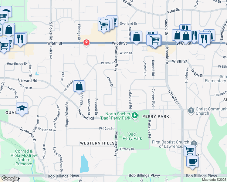map of restaurants, bars, coffee shops, grocery stores, and more near in Lawrence