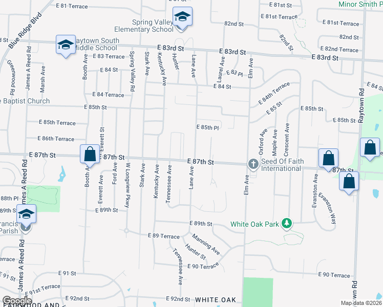 map of restaurants, bars, coffee shops, grocery stores, and more near 8618 Lane Avenue in Raytown