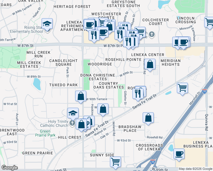 map of restaurants, bars, coffee shops, grocery stores, and more near 8906 Hauser Street in Lenexa