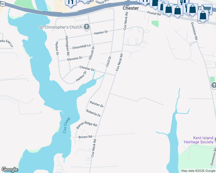 map of restaurants, bars, coffee shops, grocery stores, and more near 2621 Cox Neck Road in Chester