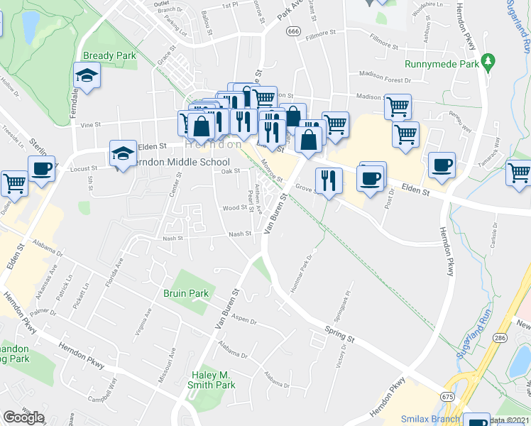 map of restaurants, bars, coffee shops, grocery stores, and more near 104 Anthem Avenue in Herndon