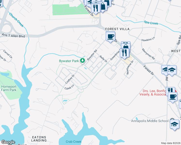 map of restaurants, bars, coffee shops, grocery stores, and more near 513 Annapolitan Lane in Annapolis