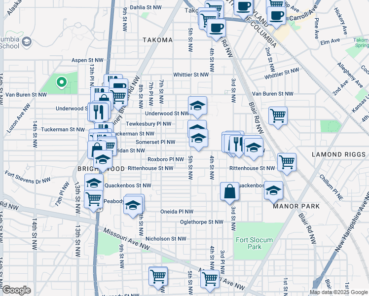 map of restaurants, bars, coffee shops, grocery stores, and more near 509 Sheridan Street Northwest in Washington