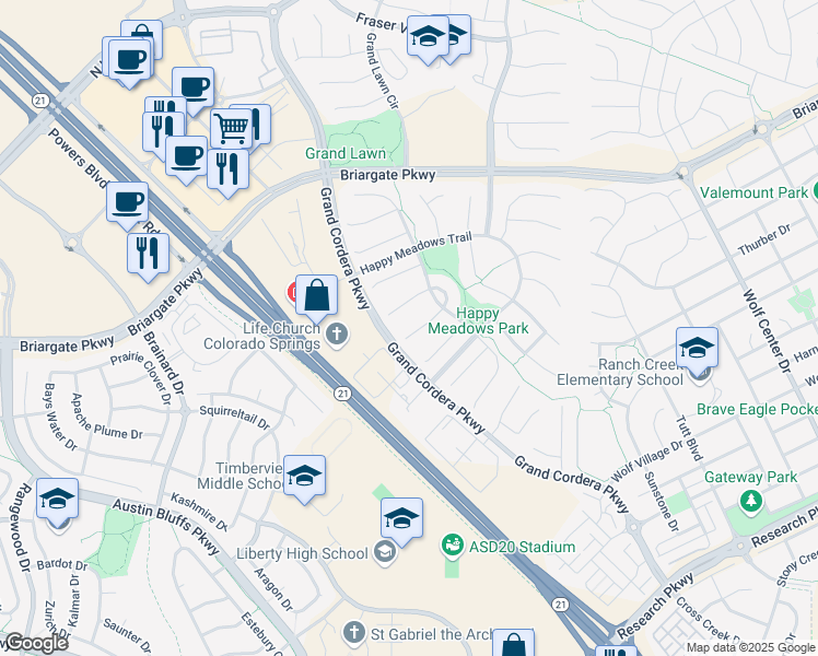 map of restaurants, bars, coffee shops, grocery stores, and more near 5030 Farris Creek Court in Colorado Springs