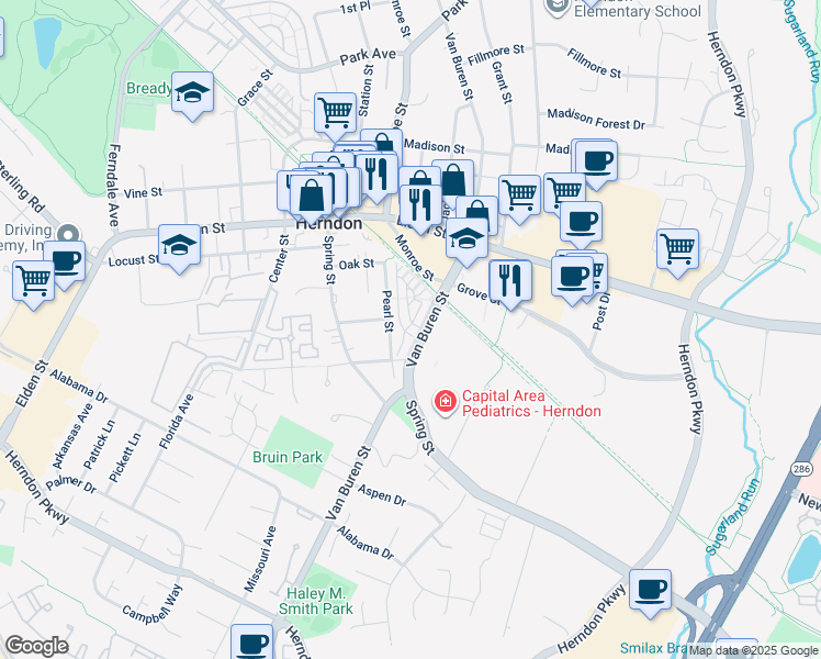 map of restaurants, bars, coffee shops, grocery stores, and more near 104 Anthem Avenue in Herndon