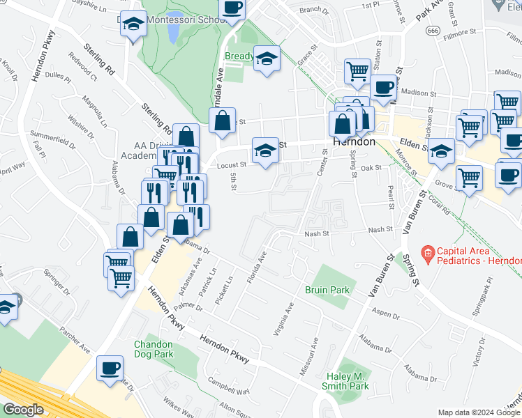 map of restaurants, bars, coffee shops, grocery stores, and more near 545 Florida Avenue in Herndon