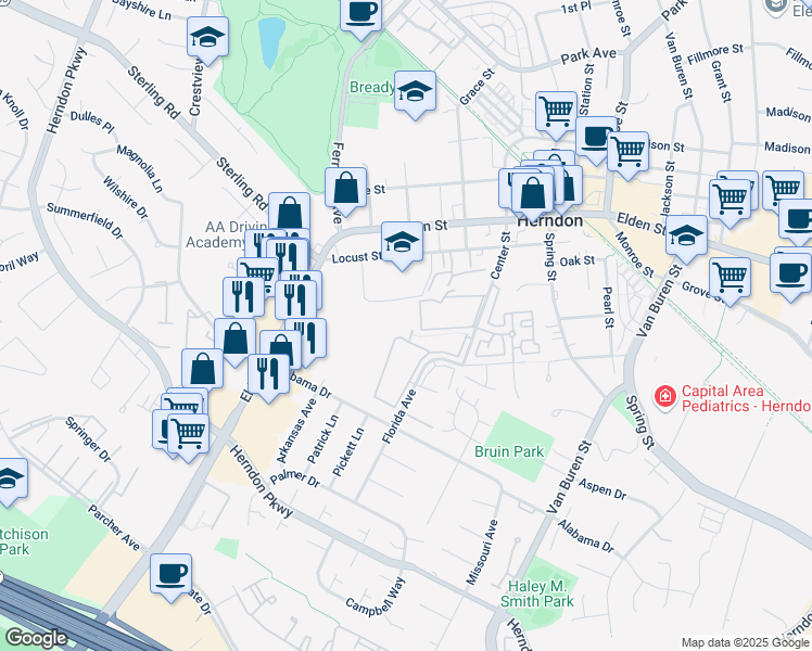 map of restaurants, bars, coffee shops, grocery stores, and more near 543 Florida Avenue in Herndon