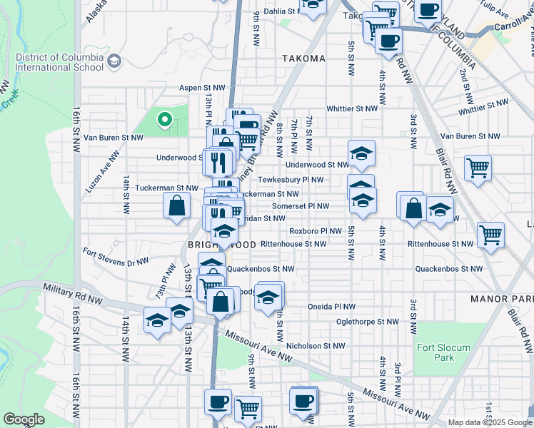 map of restaurants, bars, coffee shops, grocery stores, and more near 817 Sheridan Street Northwest in Washington